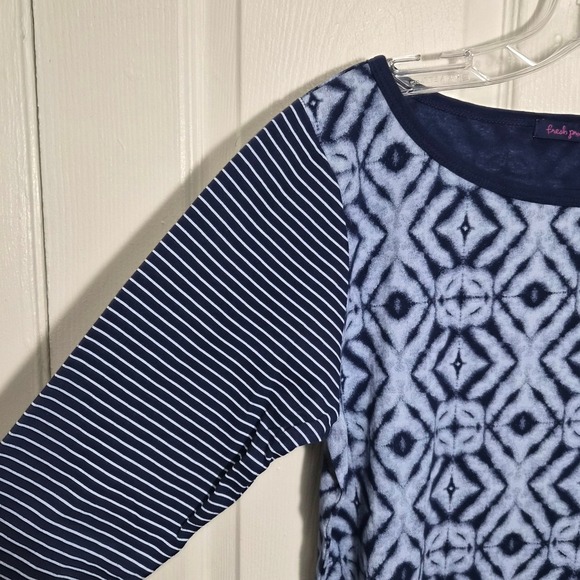 Fresh Produce Women's L Top 3/4 Sleeve Blue Diamond Stripe Casual Shirt - Picture 2 of 5